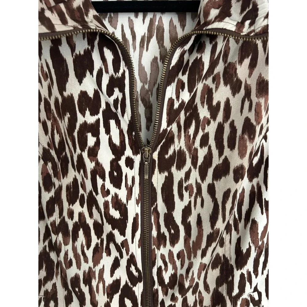 Chicos Weekends Leopard Print Zip Front Jacket Brown Cream 3/4 Sleeve Size 1 M